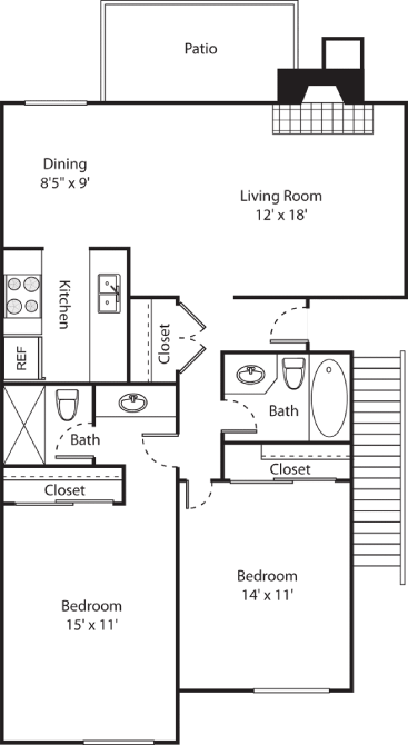 Floor plan for 2 beds, 2 baths, 935 sqft
