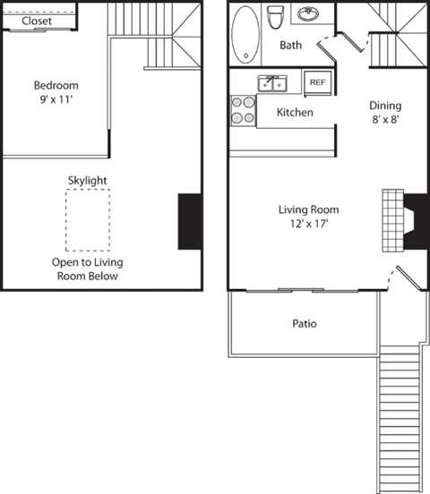 Floor plan for 1 bed, 1 bath, 600 sqft