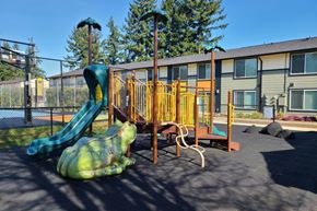 Marysville apartment for rent - A playground with a green slide and a green frog statue.
