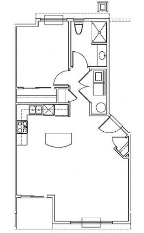 Floor plan for 1 bed, 1 bath, 709 sqft