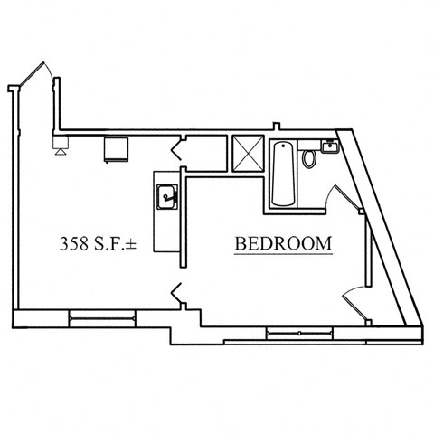 Floor plan for 1 bed, 1 bath, 358 sqft