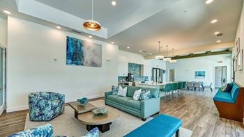 Living room with blue couch