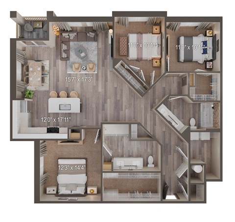 Floor plan for 3 beds, 2 baths, 1502 sqft