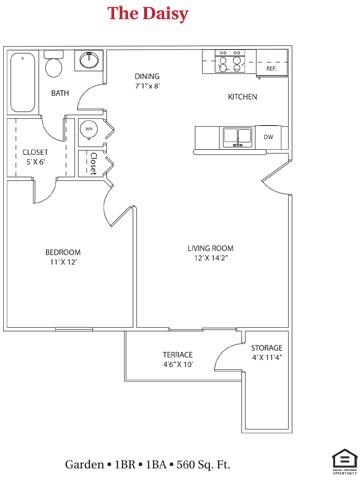 Floor plan for 1 bed, 1 bath, 560 sqft