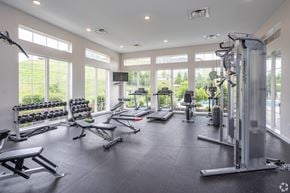 South Park apartment for rent - A spacious gym with a variety of equipment and a view of the outdoors.