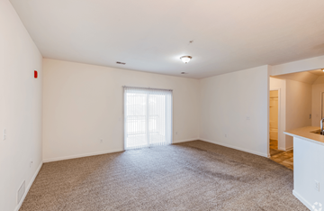 South Park Township condo for rent - A large, empty room with a carpeted floor and a sliding glass door.