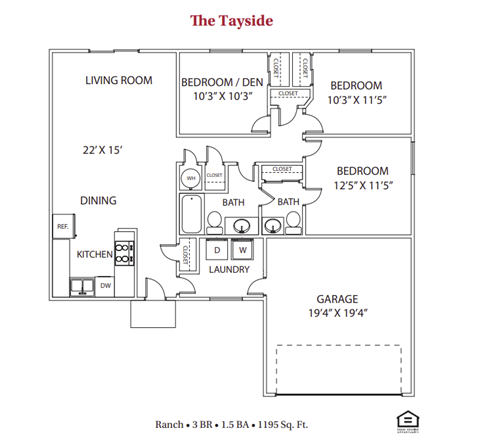 Floor plan for 3 beds, 1.5 baths, 1195 sqft