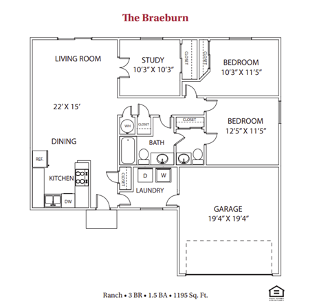Floor plan for 3 beds, 1.5 baths, 1195 sqft