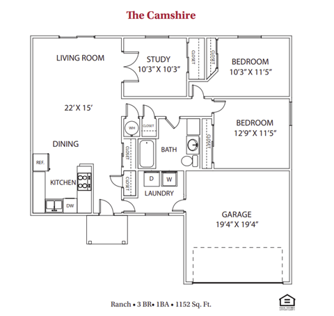 Floor plan for 3 beds, 1 bath, 1152 sqft