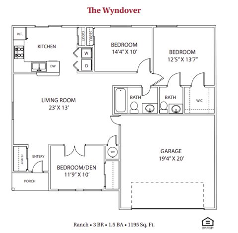 Floor plan for 3 beds, 1.5 baths, 1195 sqft