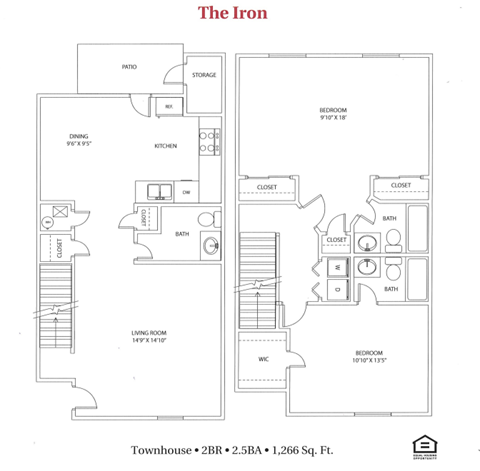 Floor plan for 2 beds, 2.5 baths, 1266 sqft
