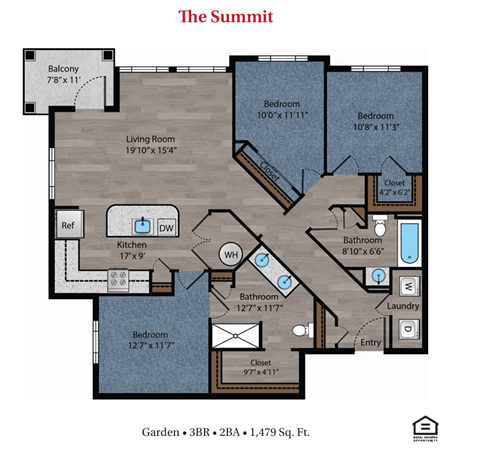 Floor plan for 3 beds, 2 baths, 1406 sqft