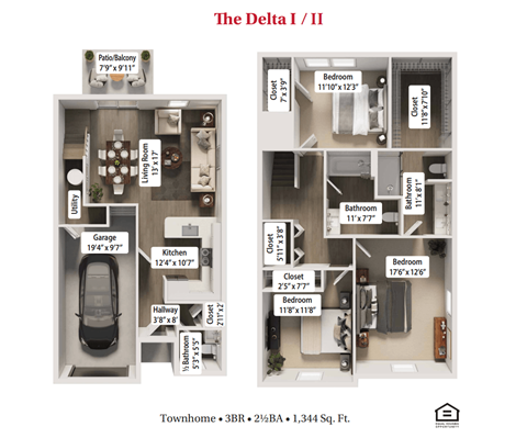 Floor plan for 3 beds, 2.5 baths, 1356 sqft
