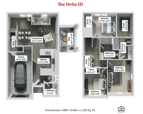 Floor plan for 3 beds, 2.5 baths, 1356 sqft