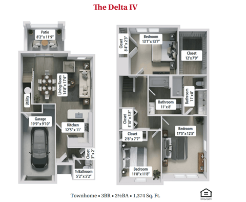 Floor plan for 3 beds, 2.5 baths, 1374 sqft