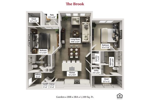 Floor plan for 2 beds, 2 baths, 1109 sqft