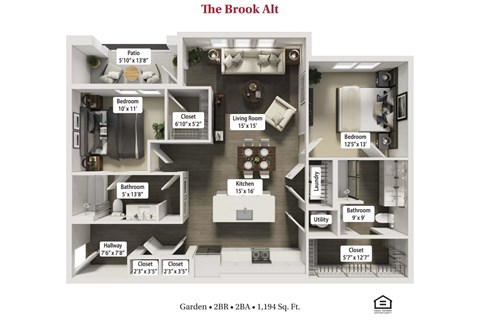 Floor plan for 2 beds, 2 baths, 1194 sqft