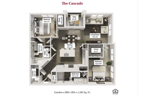 Floor plan for 2 beds, 2 baths, 1182 sqft