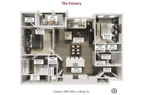 Floor plan for 2 beds, 2 baths, 1186 sqft
