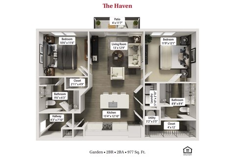 Floor plan for 2 beds, 2 baths, 977 sqft