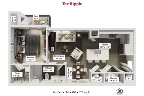 Floor plan for 1 bed, 1 bath, 670 sqft