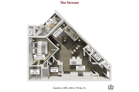 Floor plan for 1 bed, 1 bath, 778 sqft