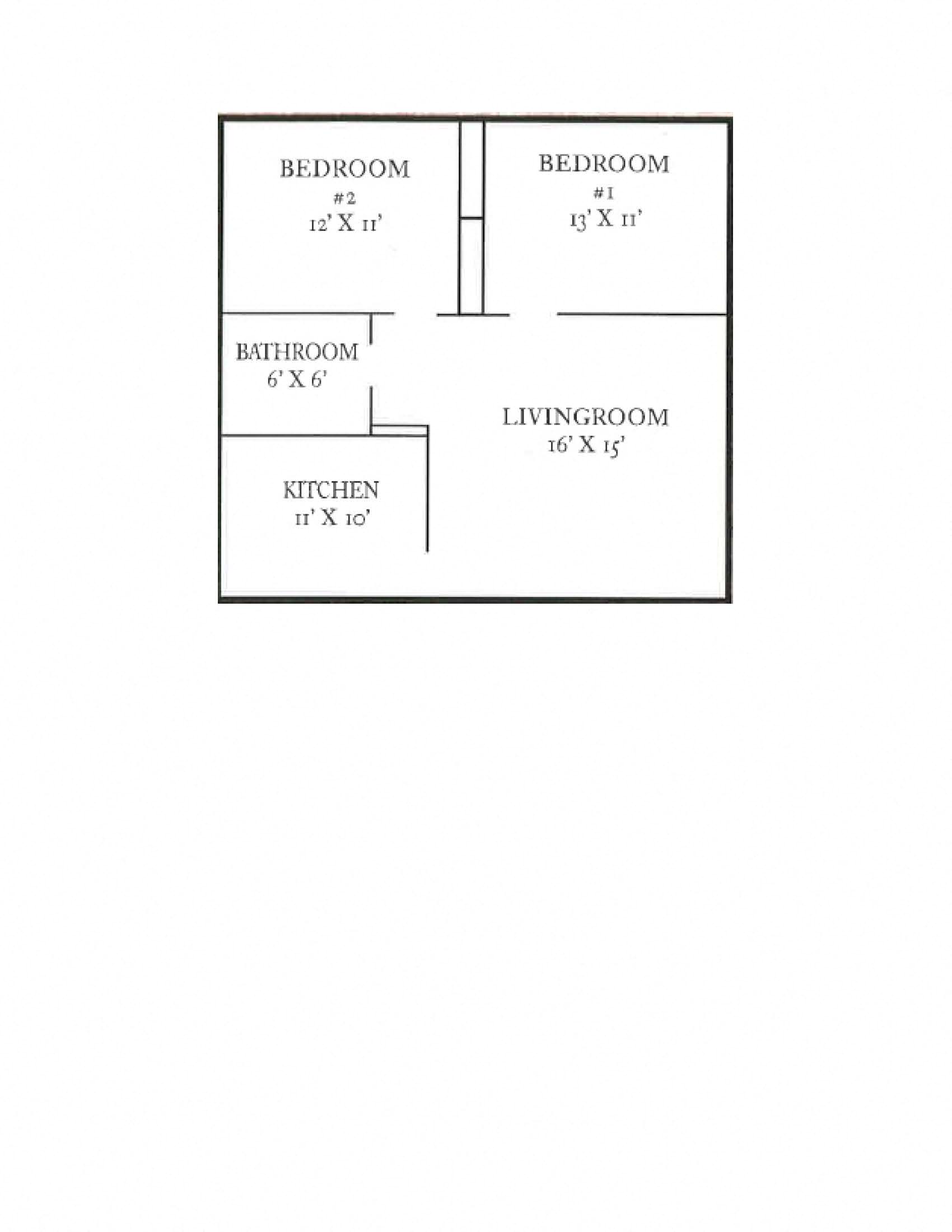 Floor plan for 2 beds, 1 bath, 850 sqft