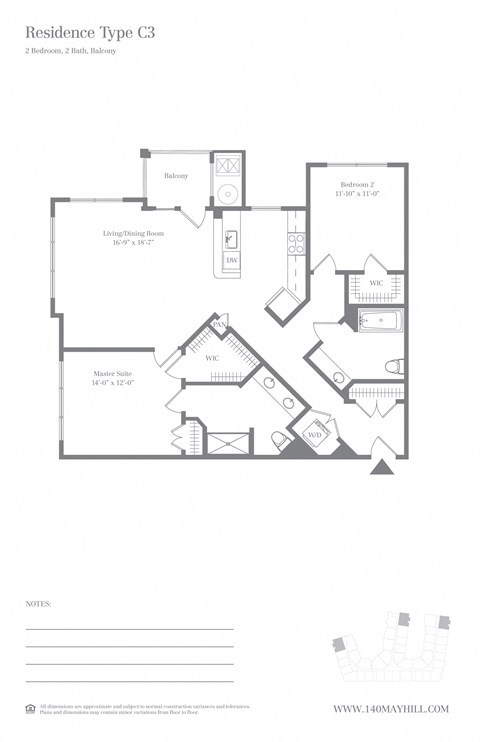 Floor plan for 2 beds, 2 baths, 1220 sqft