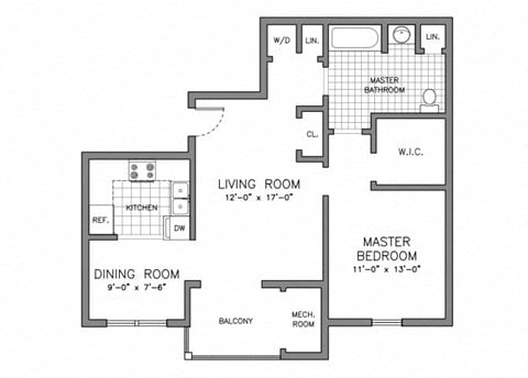 Floor plan for 1 bed, 1 bath, 773 sqft