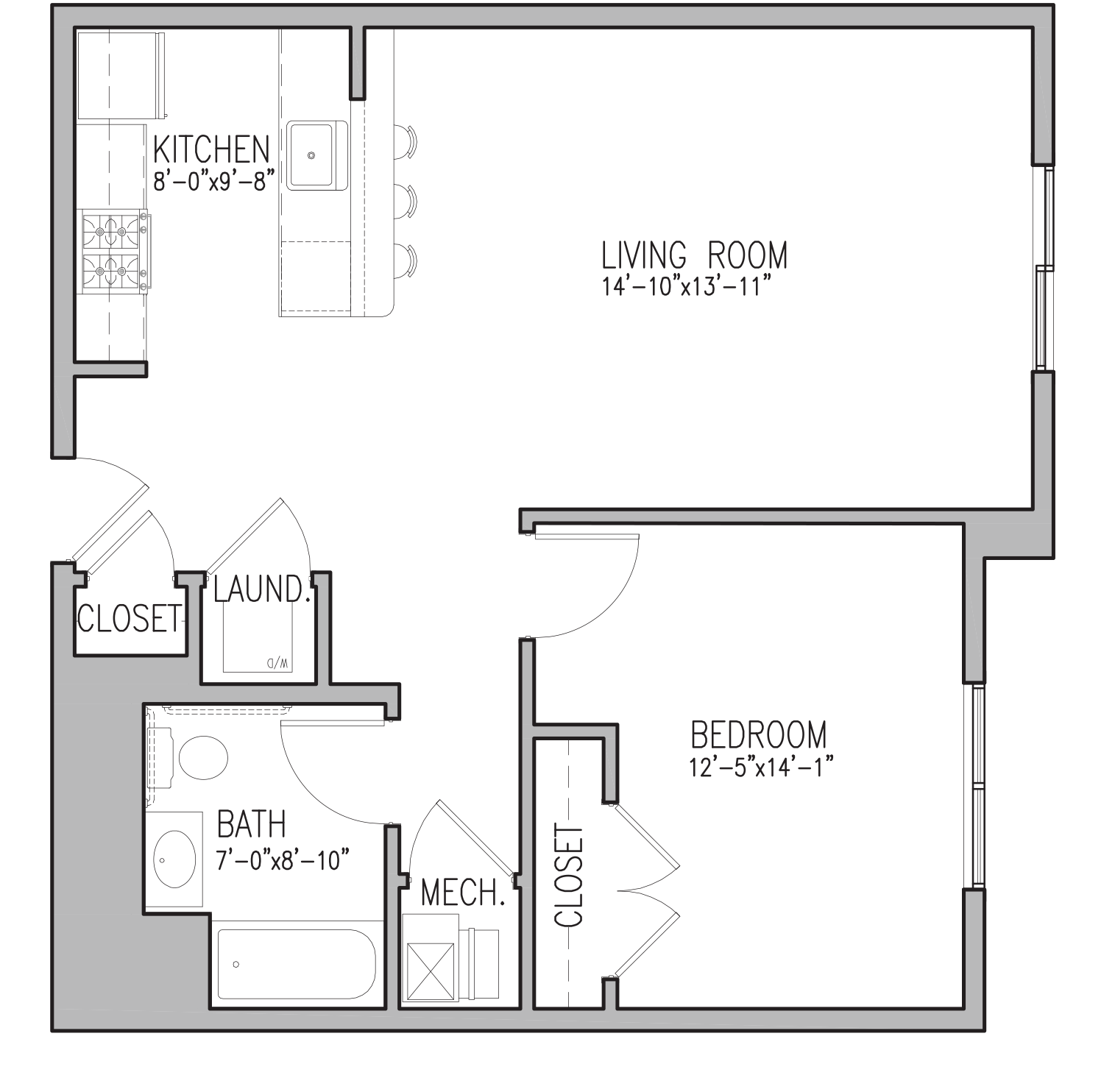 Floor plan for 1 bed, 1 bath, 752 sqft