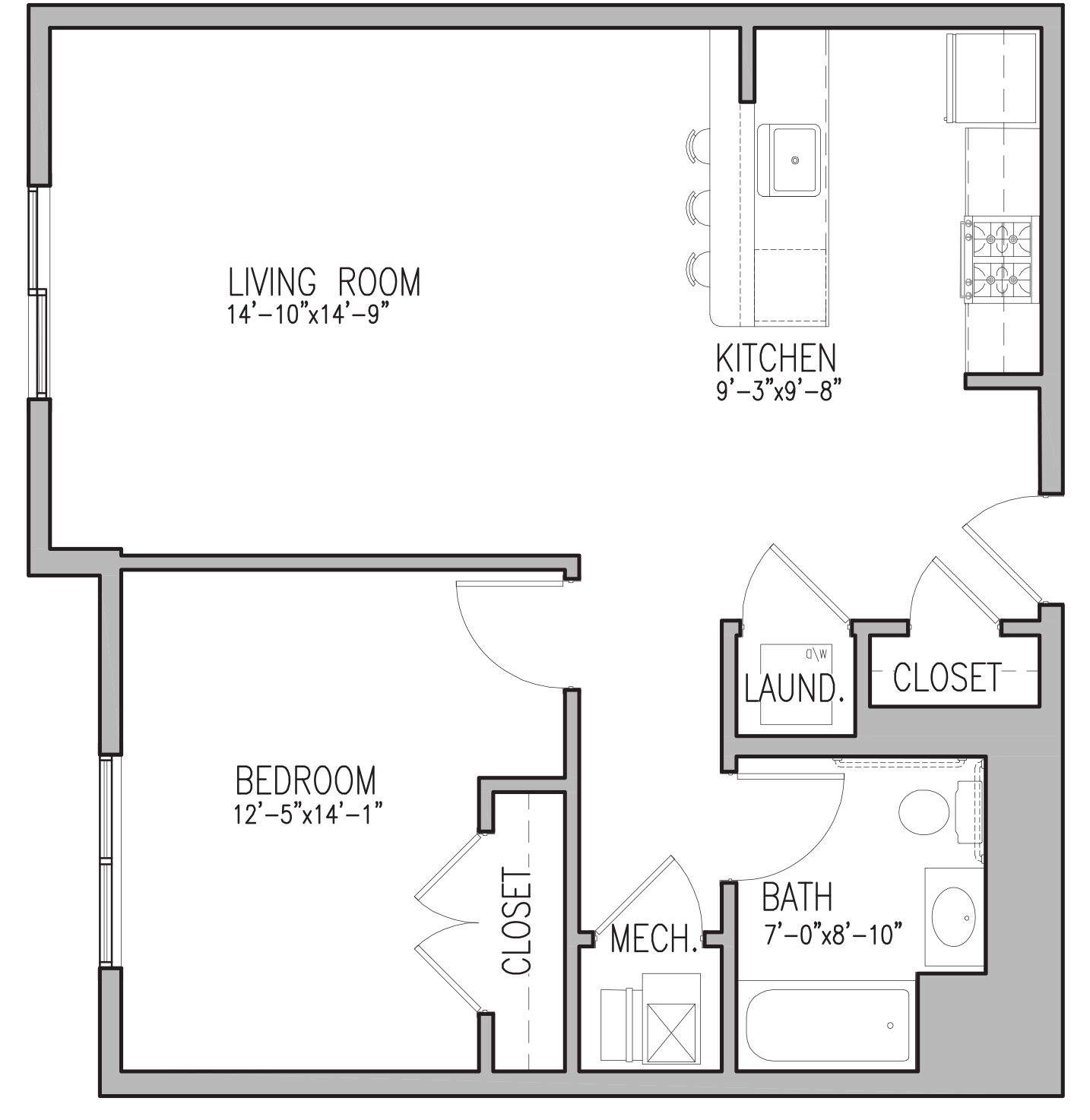 Floor plan for 1 bed, 1 bath, 816 sqft