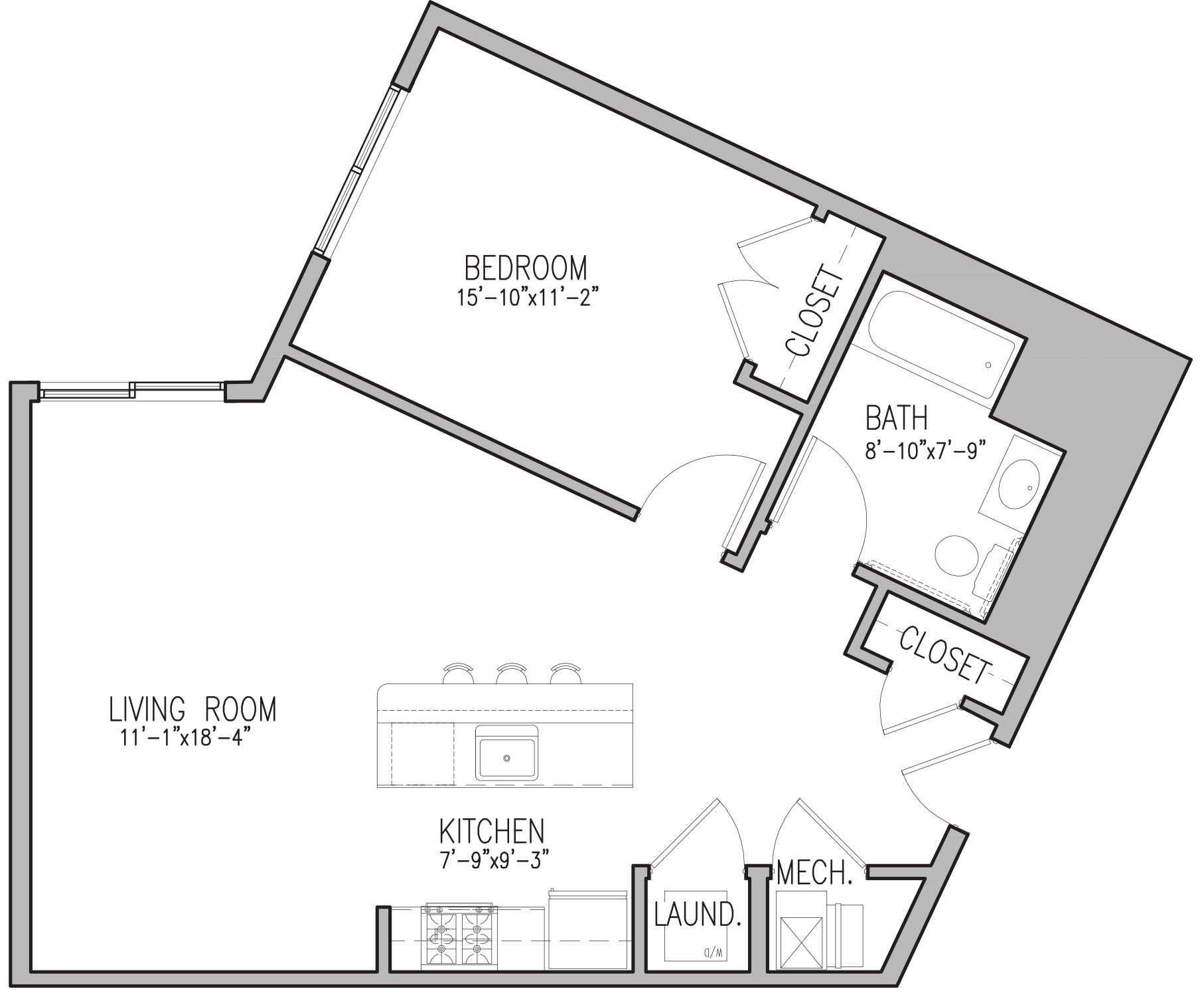 Floor plan for 1 bed, 1 bath, 762 sqft