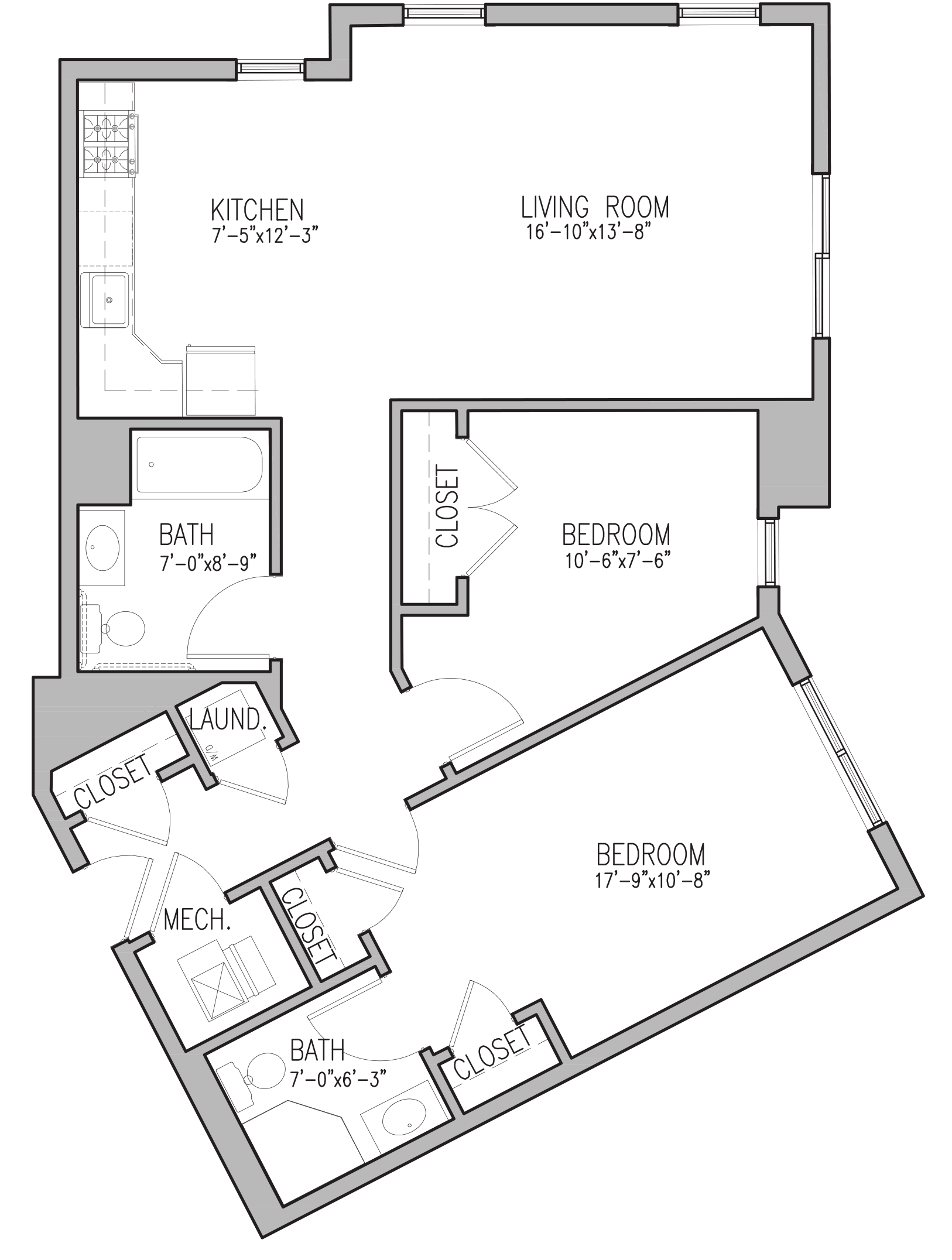 Floor plan for 2 beds, 2 baths, 984 sqft