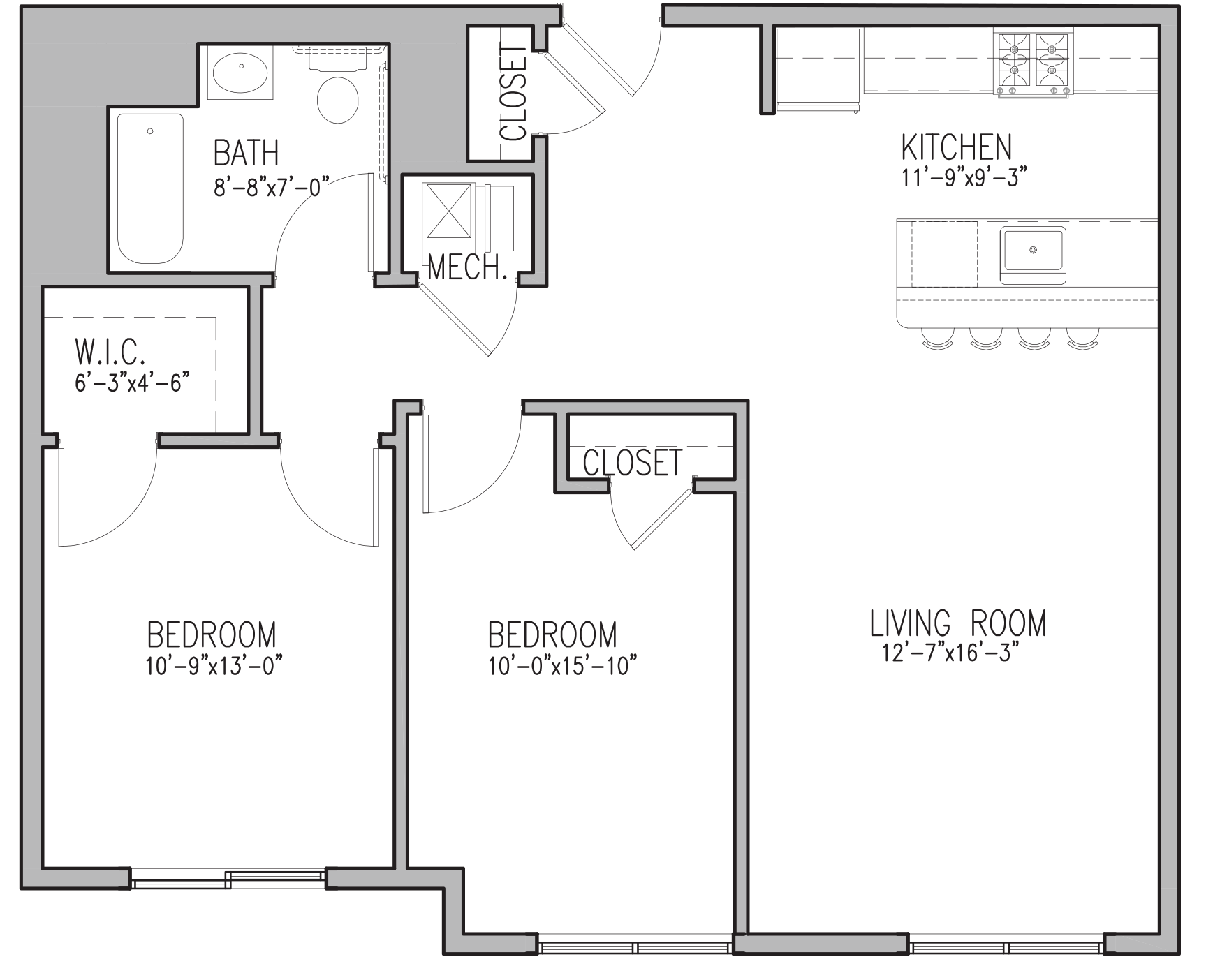 Floor plan for 2 beds, 1 bath, 948 sqft