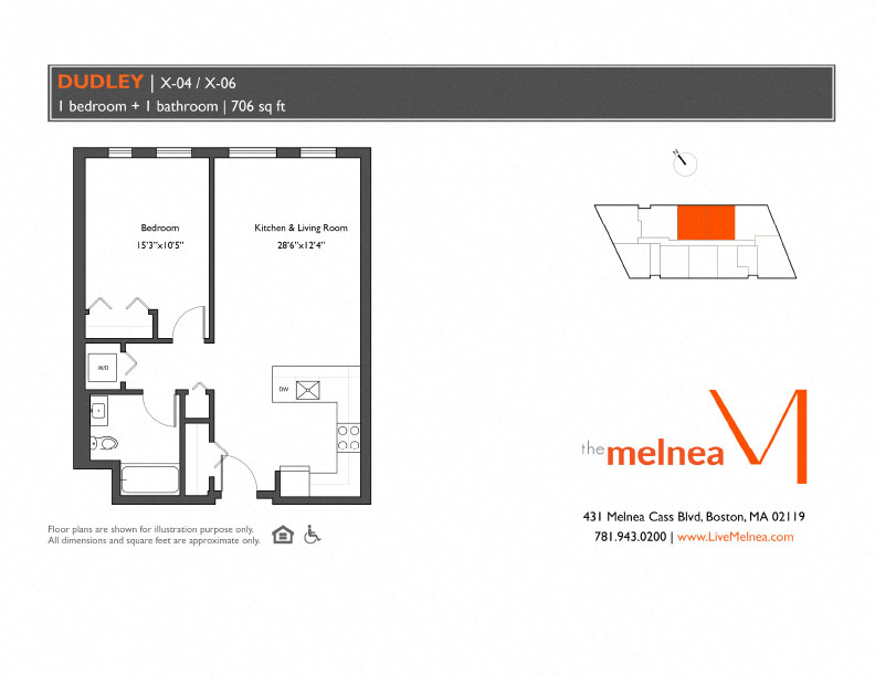 Floor plan for 1 bed, 1 bath, 620 sqft