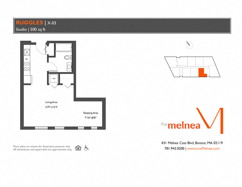 Floor plan for studio, 1 bath, 500 sqft