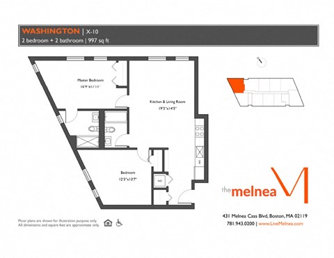 Floor plan for 2 beds, 2 baths, 992 sqft