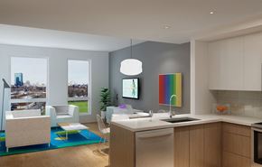 Boston apartment for rent - Rendering shows modern interior design and skyline views of the hancock tower.