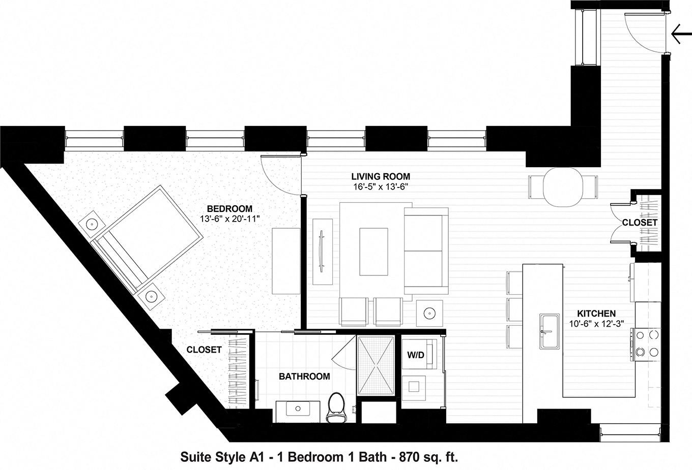 Floor plan for 1 bed, 1 bath, 870 sqft