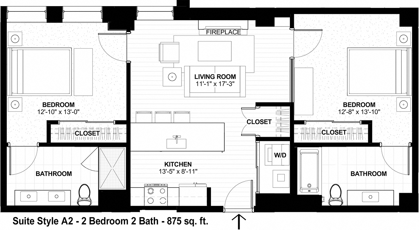 Floor plan for 2 beds, 2 baths, 875 sqft