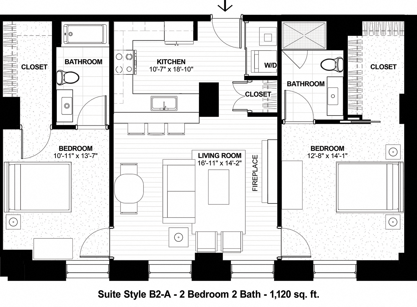 Floor plan for 2 beds, 2 baths, 1120 sqft