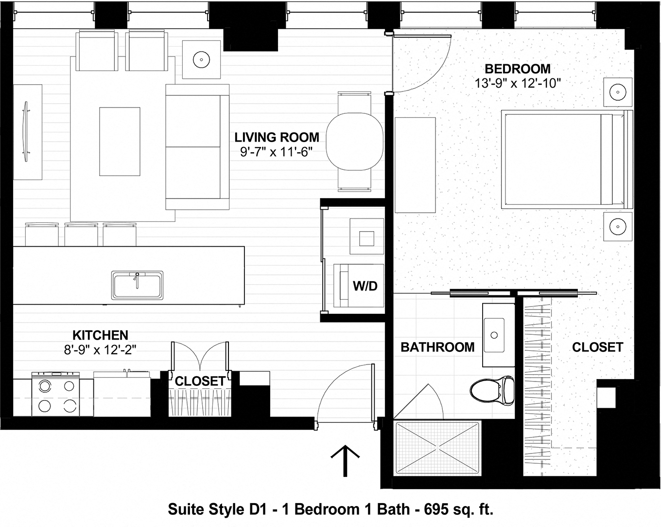 Floor plan for 1 bed, 1 bath, 695 sqft