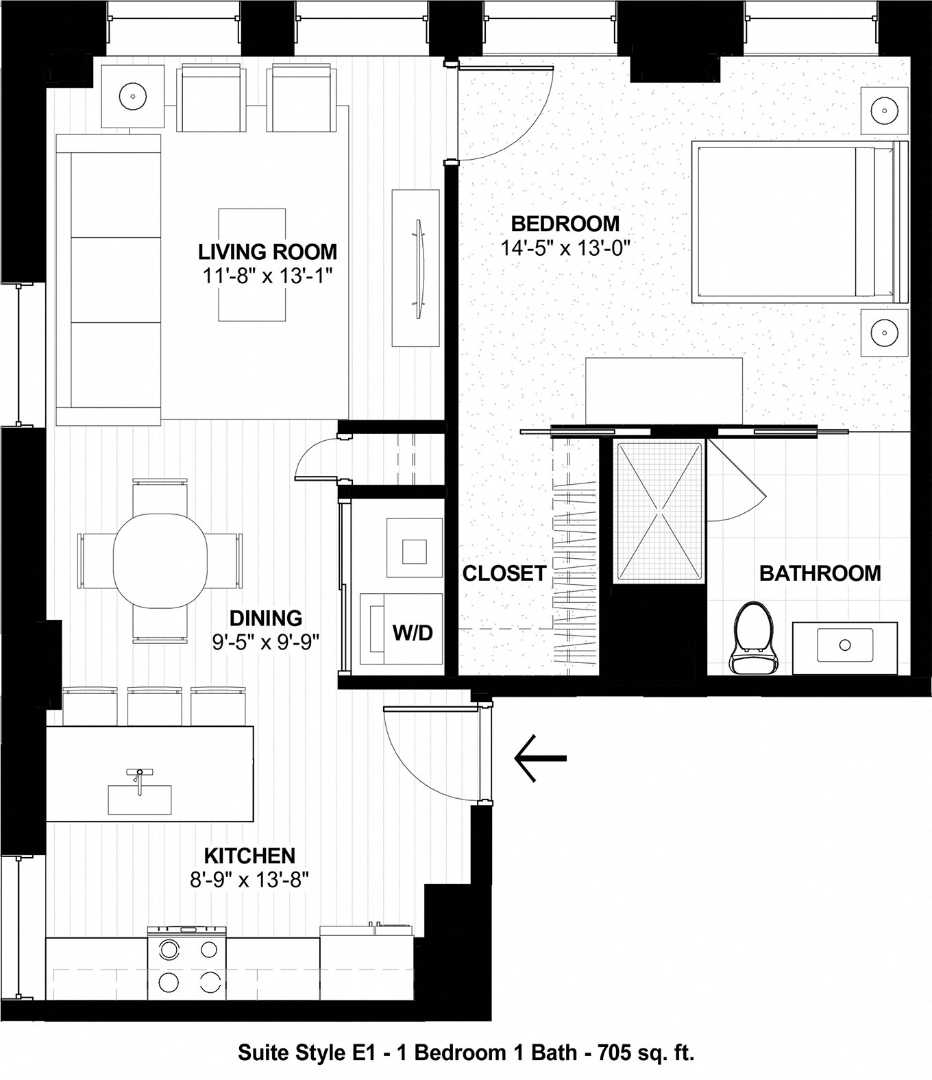 Floor plan for 1 bed, 1 bath, 705 sqft
