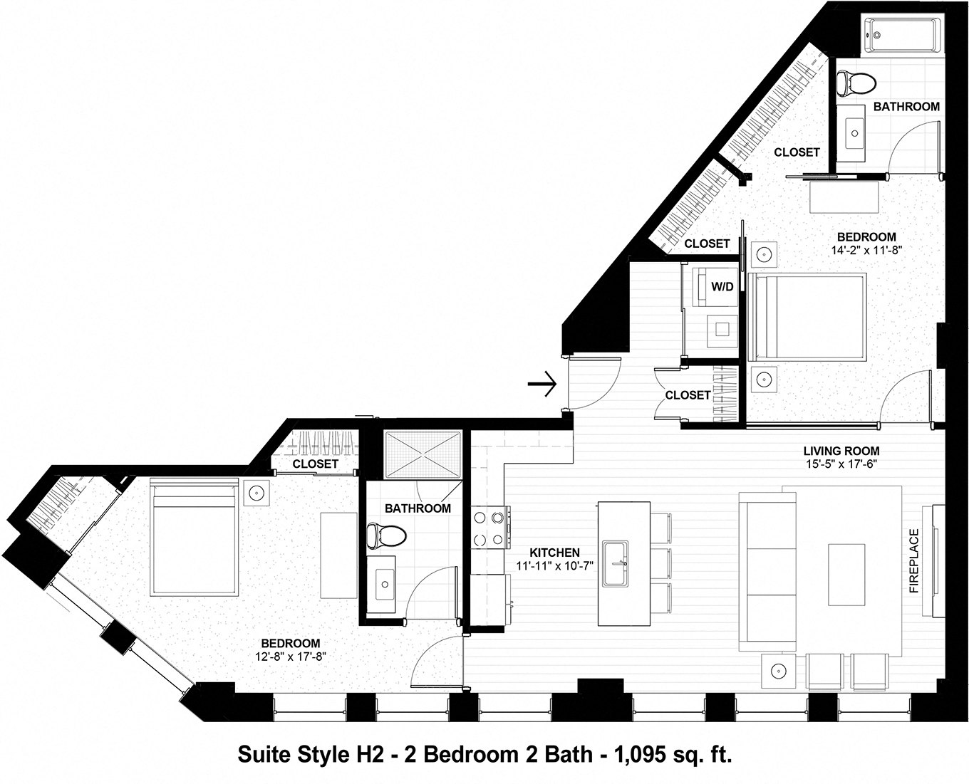 Floor plan for 2 beds, 2 baths, 1095 sqft