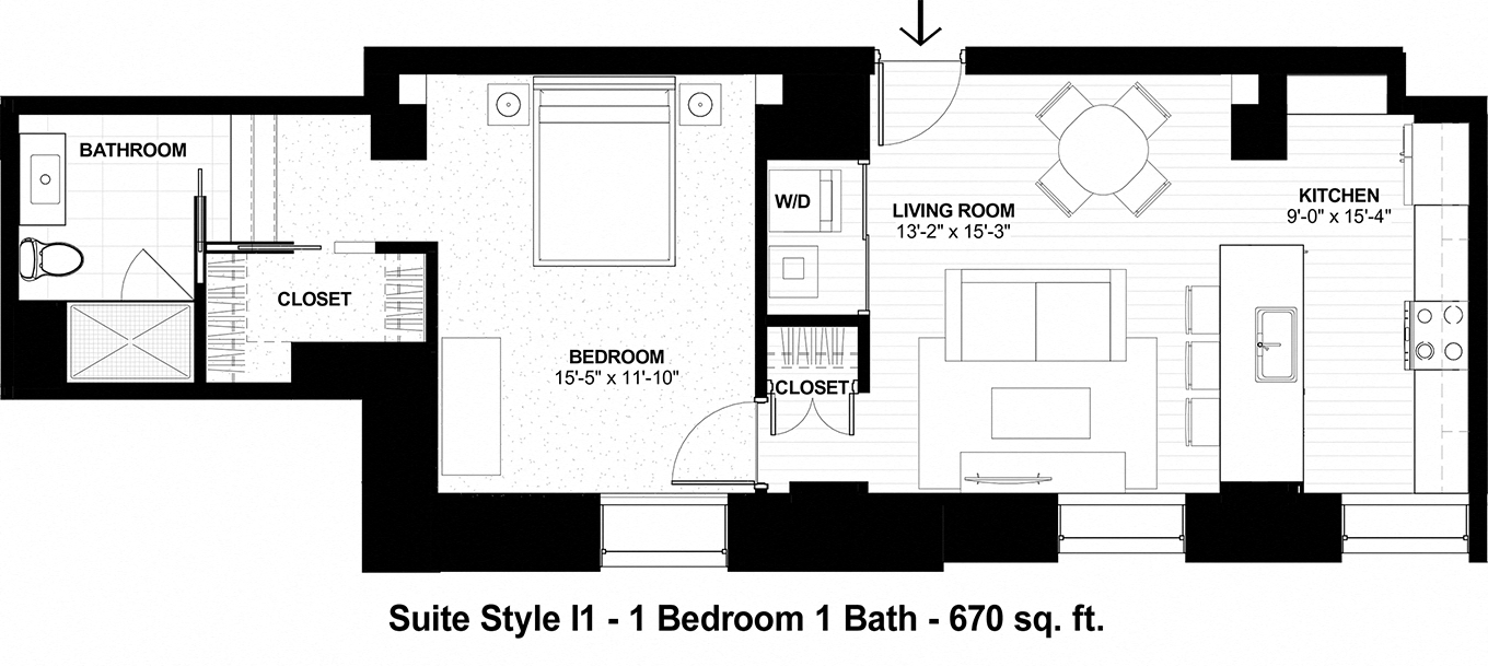 Floor plan for 1 bed, 1 bath, 670 sqft