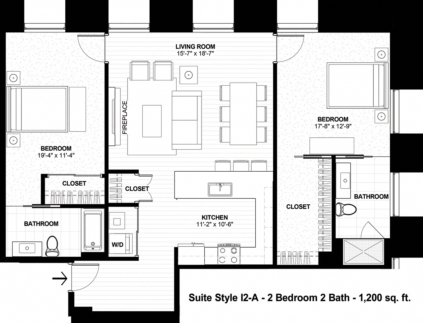 Floor plan for 2 beds, 2 baths, 1200 sqft