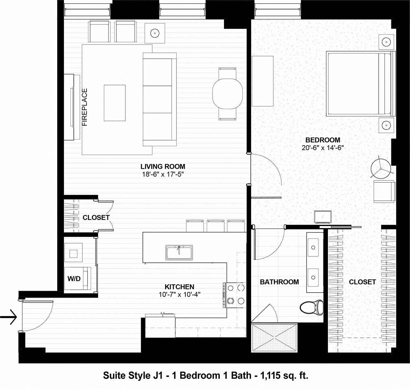 Floor plan for 1 bed, 1 bath, 1115 sqft