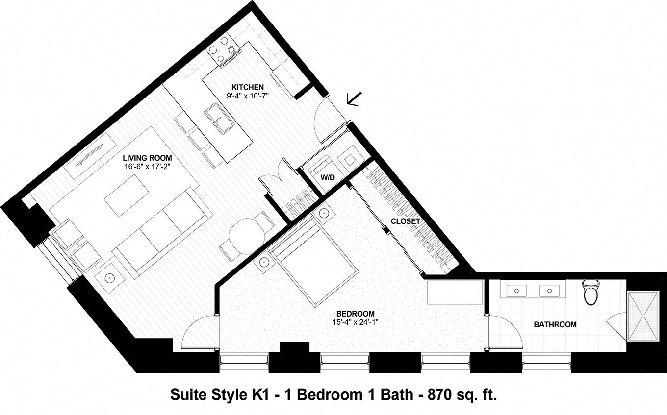 Floor plan for 1 bed, 1 bath, 870 sqft