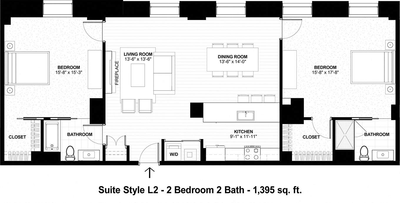 Floor plan for 2 beds, 2 baths, 1395 sqft