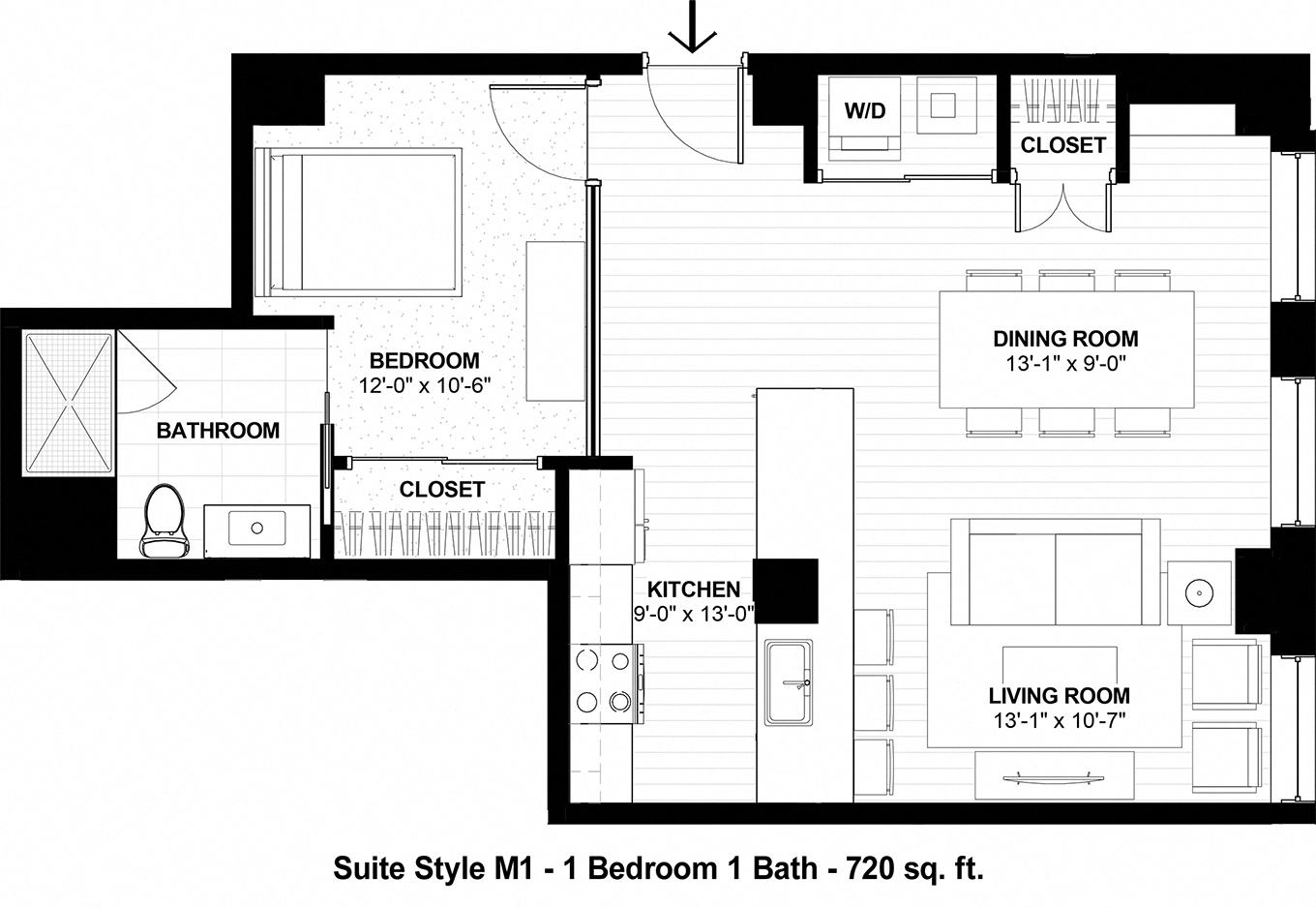 Floor plan for 1 bed, 1 bath, 720 sqft